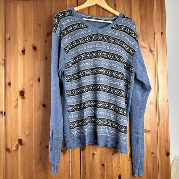Folio New York Fair Isle Sweater Silk Cashmere Women’s XL Blue Nordic V-Neck - Picture 1 of 5